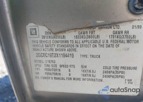 1999 Chevrolet Silverado 1500 Ls z USA, uszkodzony, nr VIN 2GCEC19T2X1184419